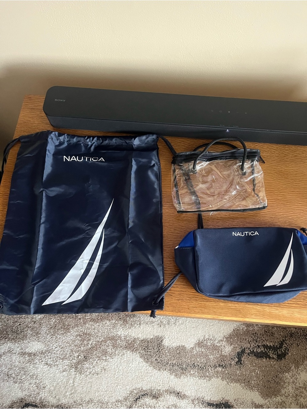 Nautica Navy Sail Drawstring Backpack and 2 pouches one nautica blue one clear